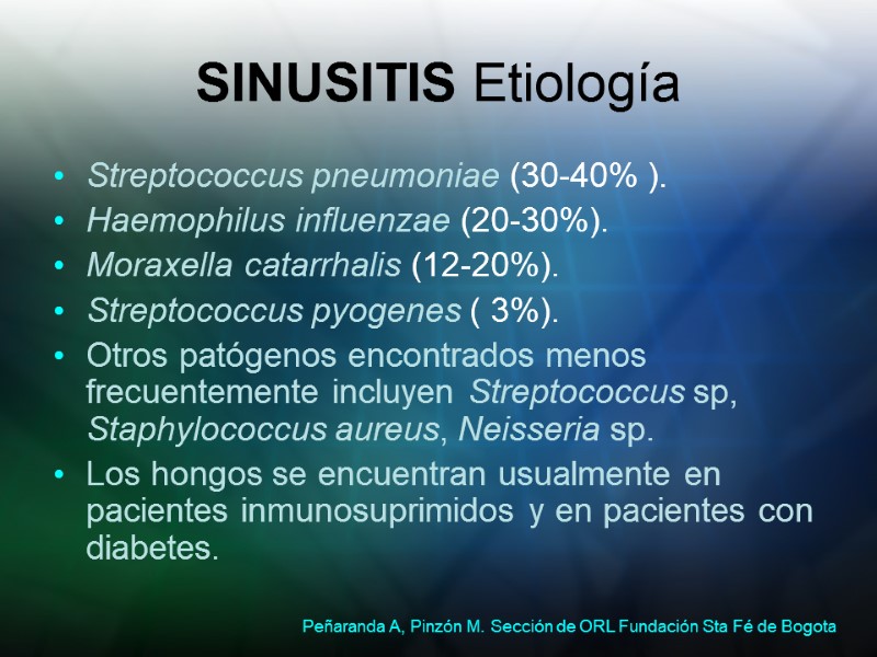 SINUSITIS Etiología Streptococcus pneumoniae (30-40% ). Haemophilus influenzae (20-30%). Moraxella catarrhalis (12-20%). Streptococcus pyogenes